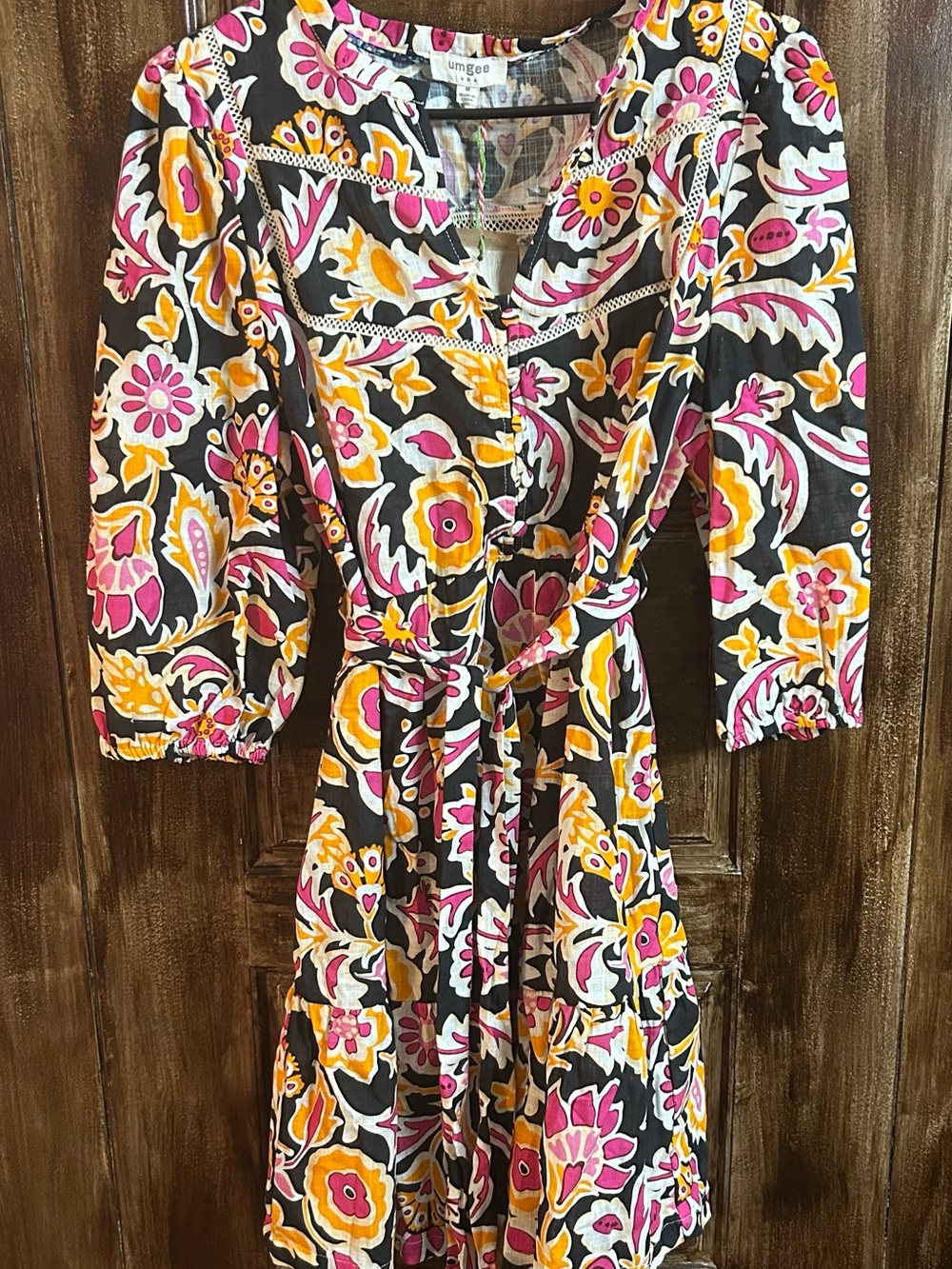 Umgee Black Midi Dress with Pink & Yellow Floral Print